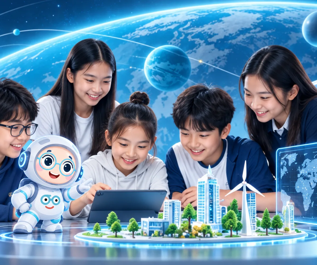 Học viên CURIOO cùng robot AI và mô hình thành phố thông minh
